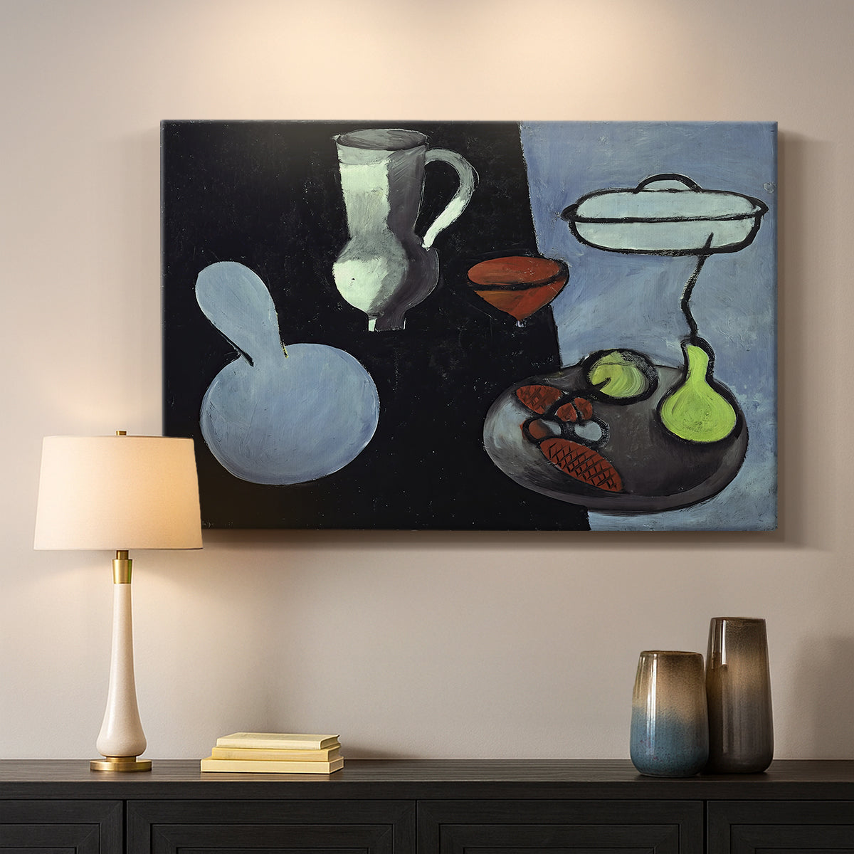 Canvas art print detailing a stylized still life featuring gourds, mounted in a softly lit interior space