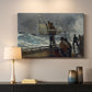 Canvas art print detailing a dramatic seaside moment with figures and distant ship, mounted in a softly lit interior space