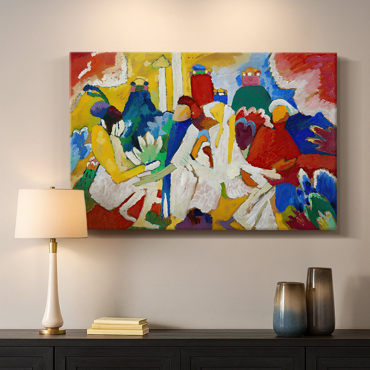 Canvas art print detailing a layered composition with bold color contrasts and movement, mounted in a softly lit interior space