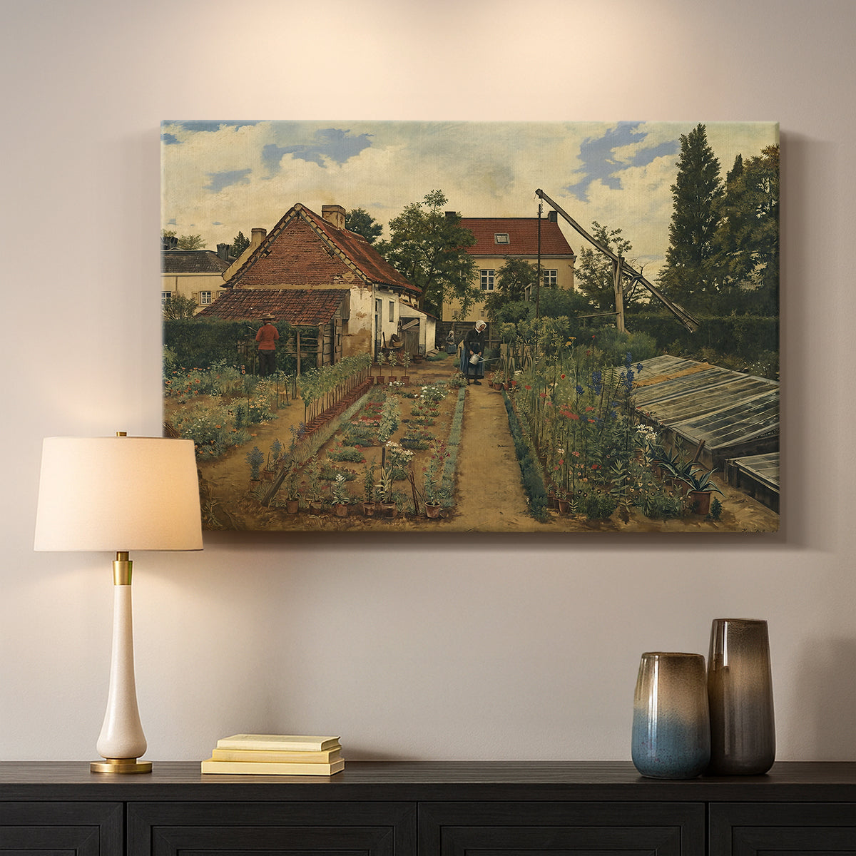 Canvas art print detailing a floral landscape with organized garden elements, mounted in a softly lit interior space
