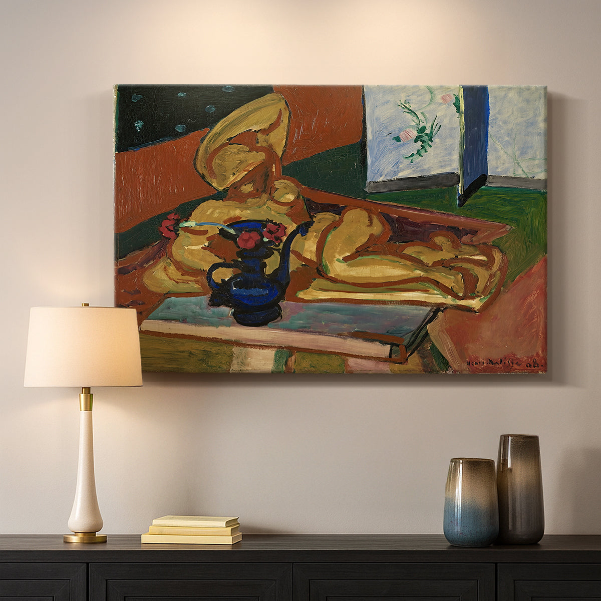 Canvas art print detailing an expressive still life with sculpture and ceramics, mounted in a softly lit interior space