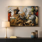 Canvas art print detailing a dramatic outdoor hunt with movement and conflict, mounted in a softly lit interior space