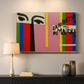 Canvas art print detailing a stylized cover artwork with strong visual contrast, mounted in a softly lit interior space