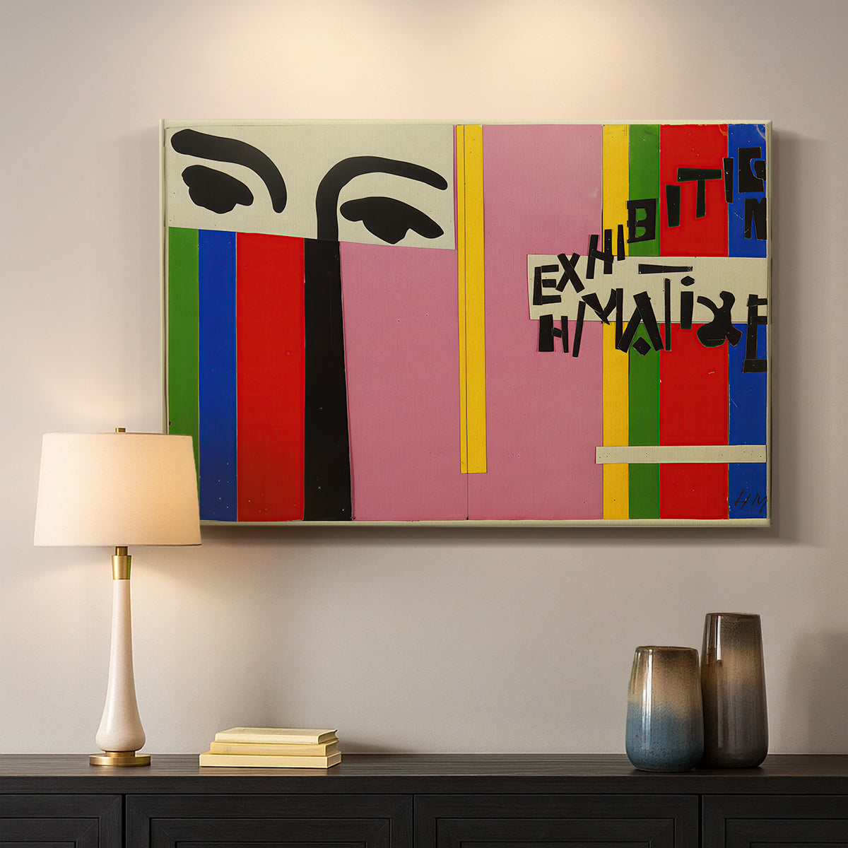 Canvas art print detailing a stylized cover artwork with strong visual contrast, mounted in a softly lit interior space
