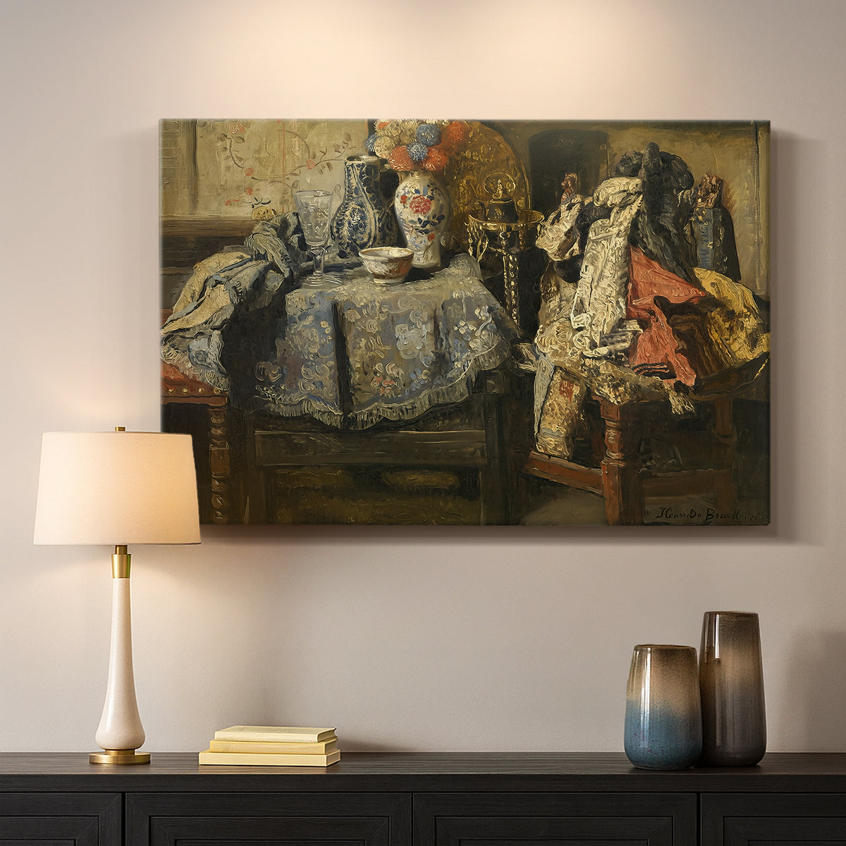 Canvas art print detailing a tabletop arrangement highlighting everyday materials, mounted in a softly lit interior space