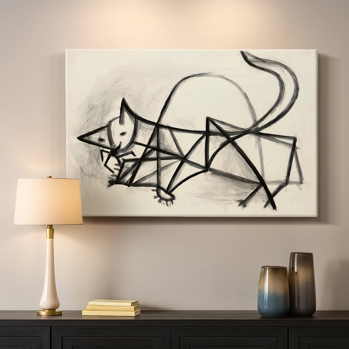 Canvas art print detailing an expressive drawing focusing on form, mounted in a softly lit interior space