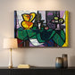 Canvas art print detailing a stylized composition emphasizing balance, mounted in a softly lit interior space