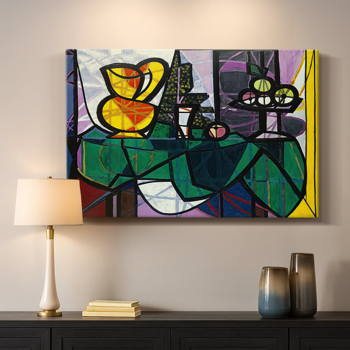 Canvas art print detailing a stylized composition emphasizing balance, mounted in a softly lit interior space