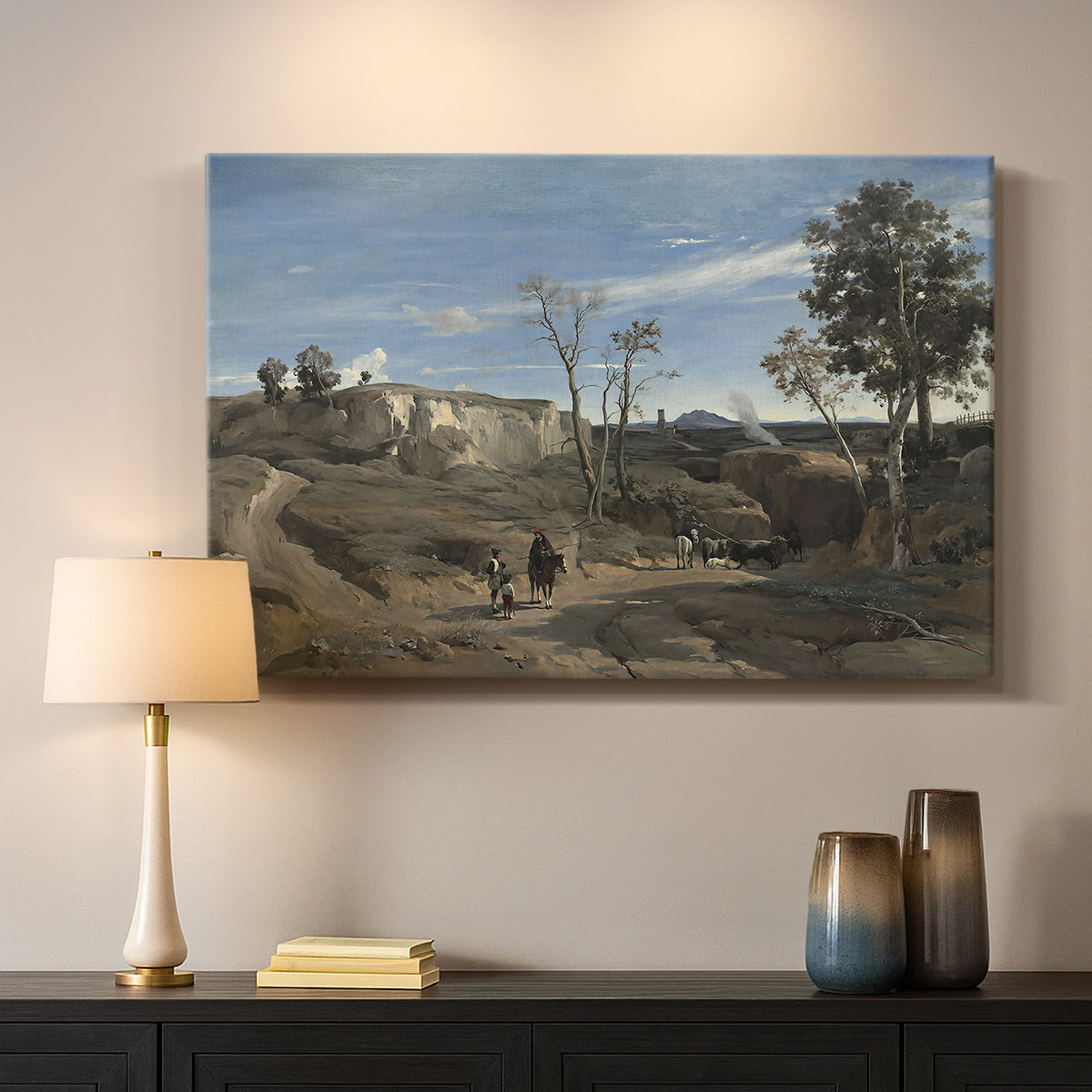 Canvas art print detailing a tranquil countryside scene with soft tonal depth, mounted in a softly lit interior space