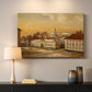 Canvas art print detailing a detailed depiction of historic site with figures in motion, mounted in a softly lit interior space