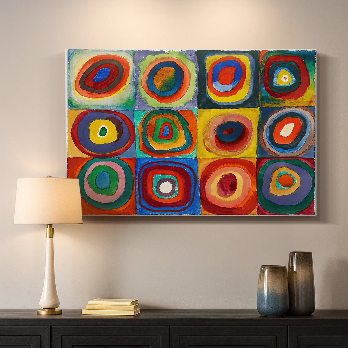 Canvas art print detailing an abstract design focused on color interaction and repetition, mounted in a softly lit interior space