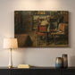 Canvas art print detailing a quiet workspace with figure engaged in artistic task, mounted in a softly lit interior space