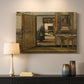 Canvas art print detailing an interior view with figure in calm, ordered environment, mounted in a softly lit interior space