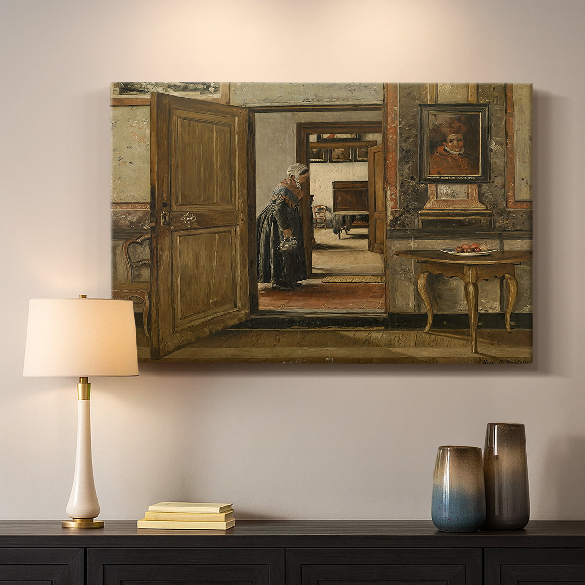 Canvas art print detailing an interior view with figure in calm, ordered environment, mounted in a softly lit interior space