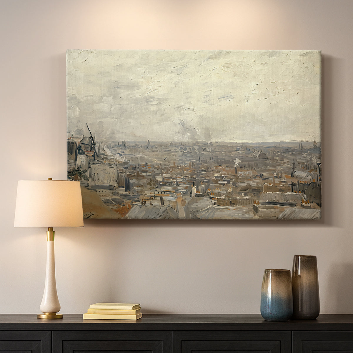 Canvas art print detailing an urban landscape emphasizing depth and arrangement of rooftops, mounted in a softly lit interior space