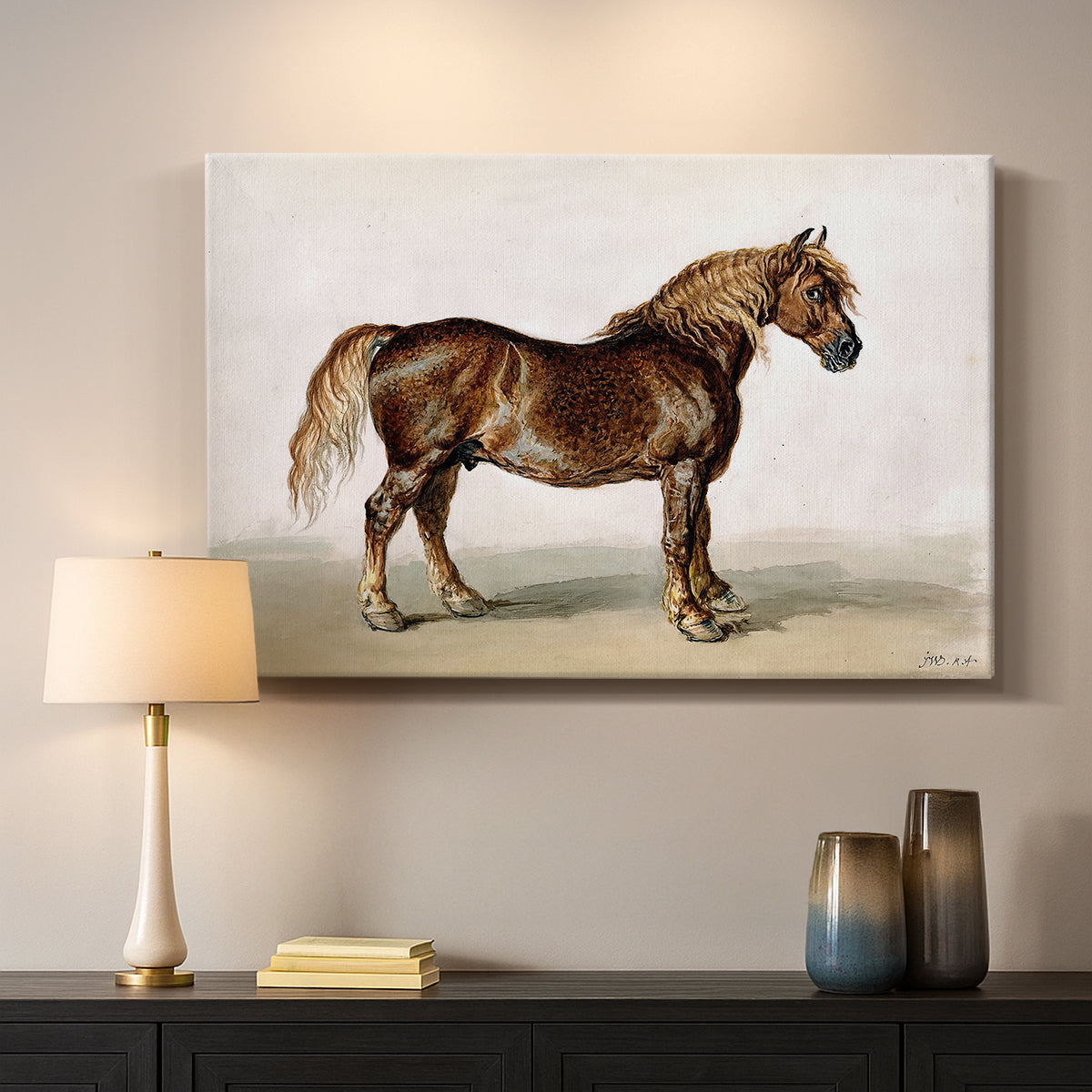 Canvas art print detailing a minimal portrait of horse with focus on form, mounted in a softly lit interior space