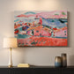 Canvas art print detailing a stylized coastal settlement with architecture and water, mounted in a softly lit interior space