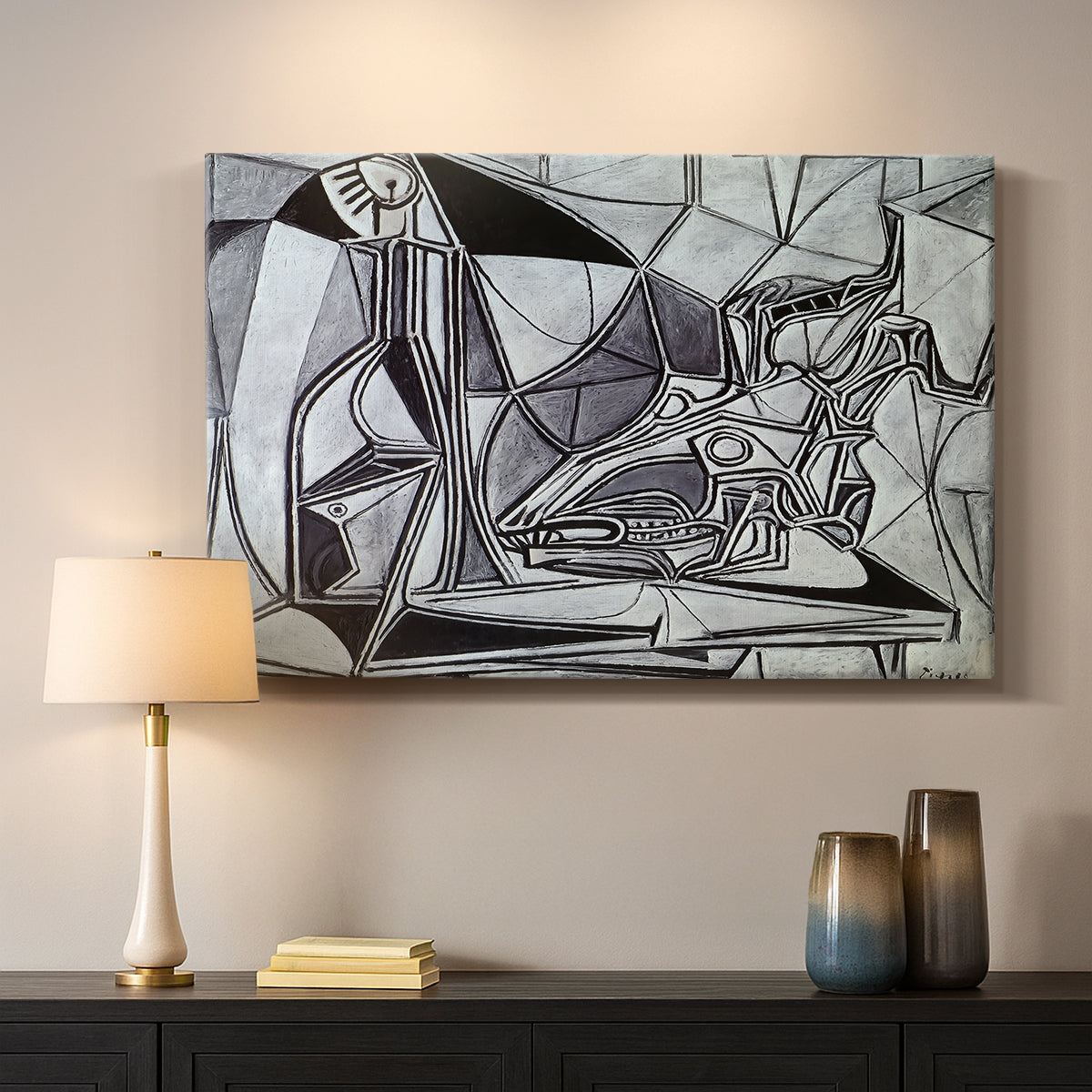Canvas art print detailing a stylized composition emphasizing structure, mounted in a softly lit interior space