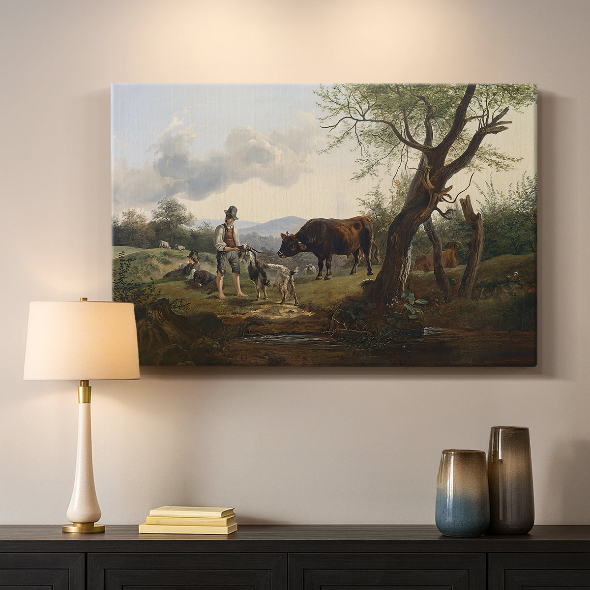 Canvas art print detailing a realistic depiction in natural setting, mounted in a softly lit interior space
