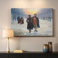 Canvas art print detailing a rural winter landscape with people walking together, mounted in a softly lit interior space
