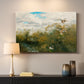 Canvas art print detailing a realistic depiction of ducks in countryside landscape, mounted in a softly lit interior space
