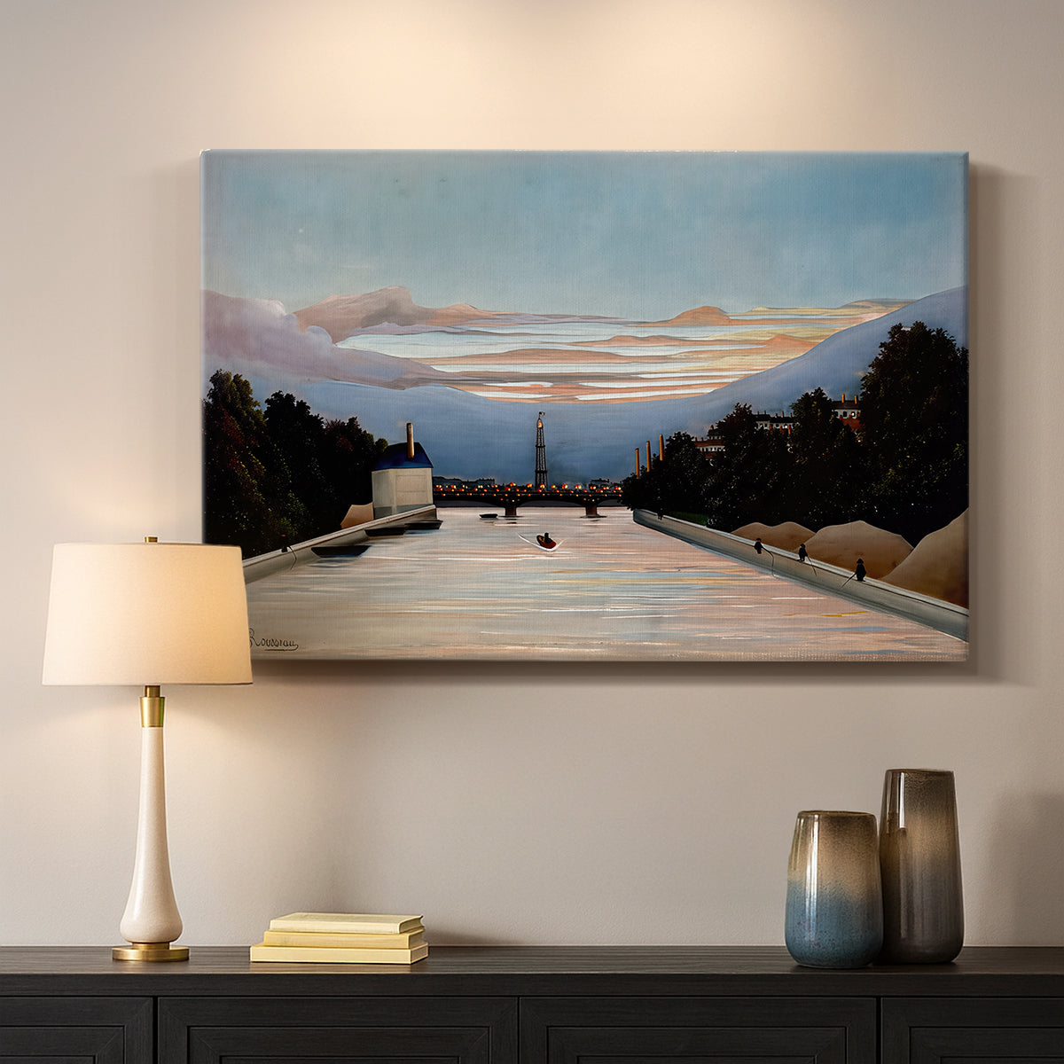 Canvas art print detailing an architectural scene featuring Eiffel Tower and sky, mounted in a softly lit interior space