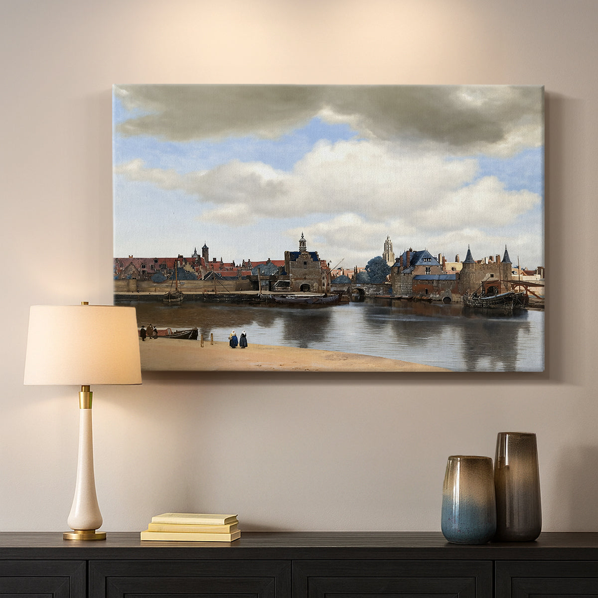 Canvas art print detailing a panoramic town scene with skyline, mounted in a softly lit interior space