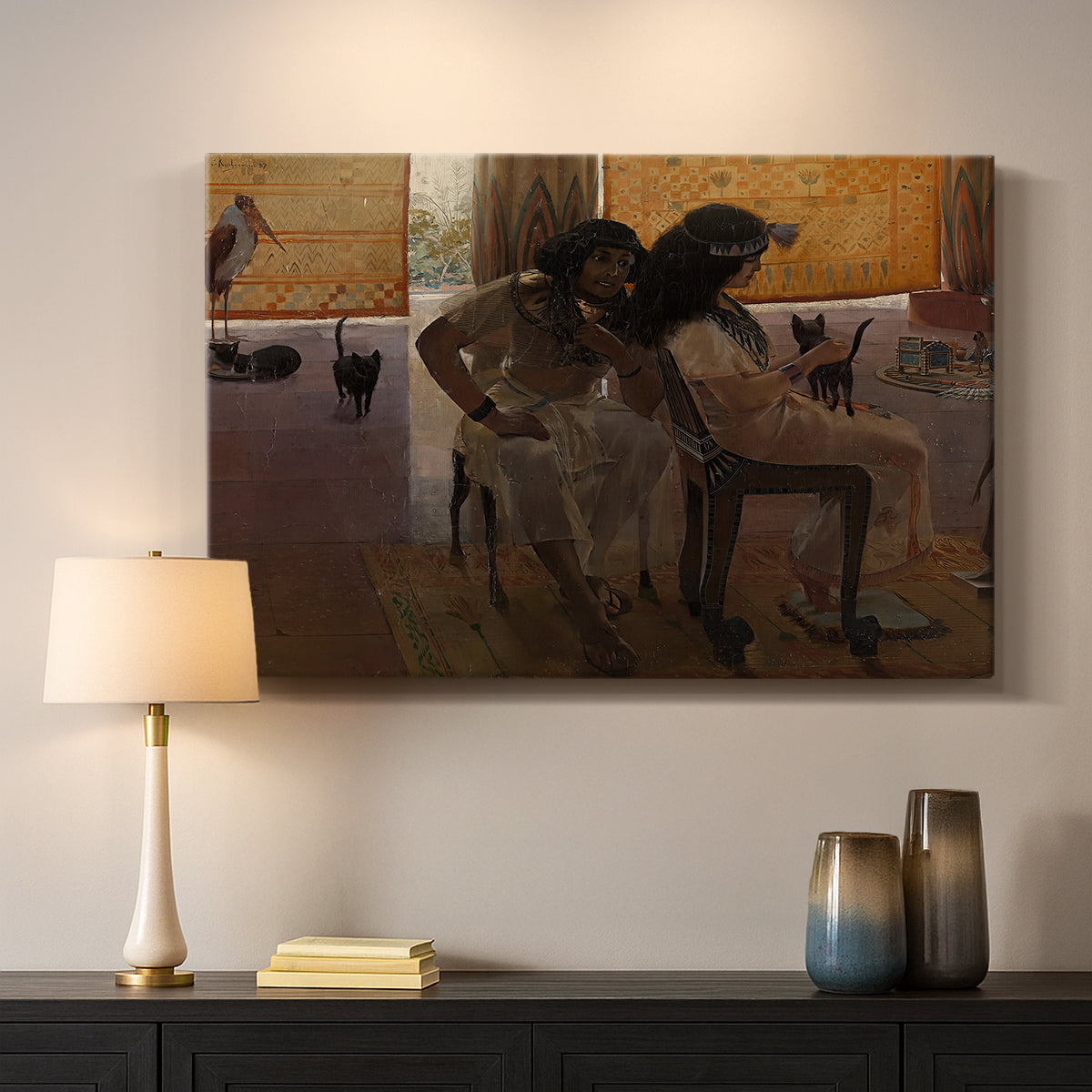 Canvas art print detailing a stylized depiction of ancient culture with detailed surroundings, mounted in a softly lit interior space