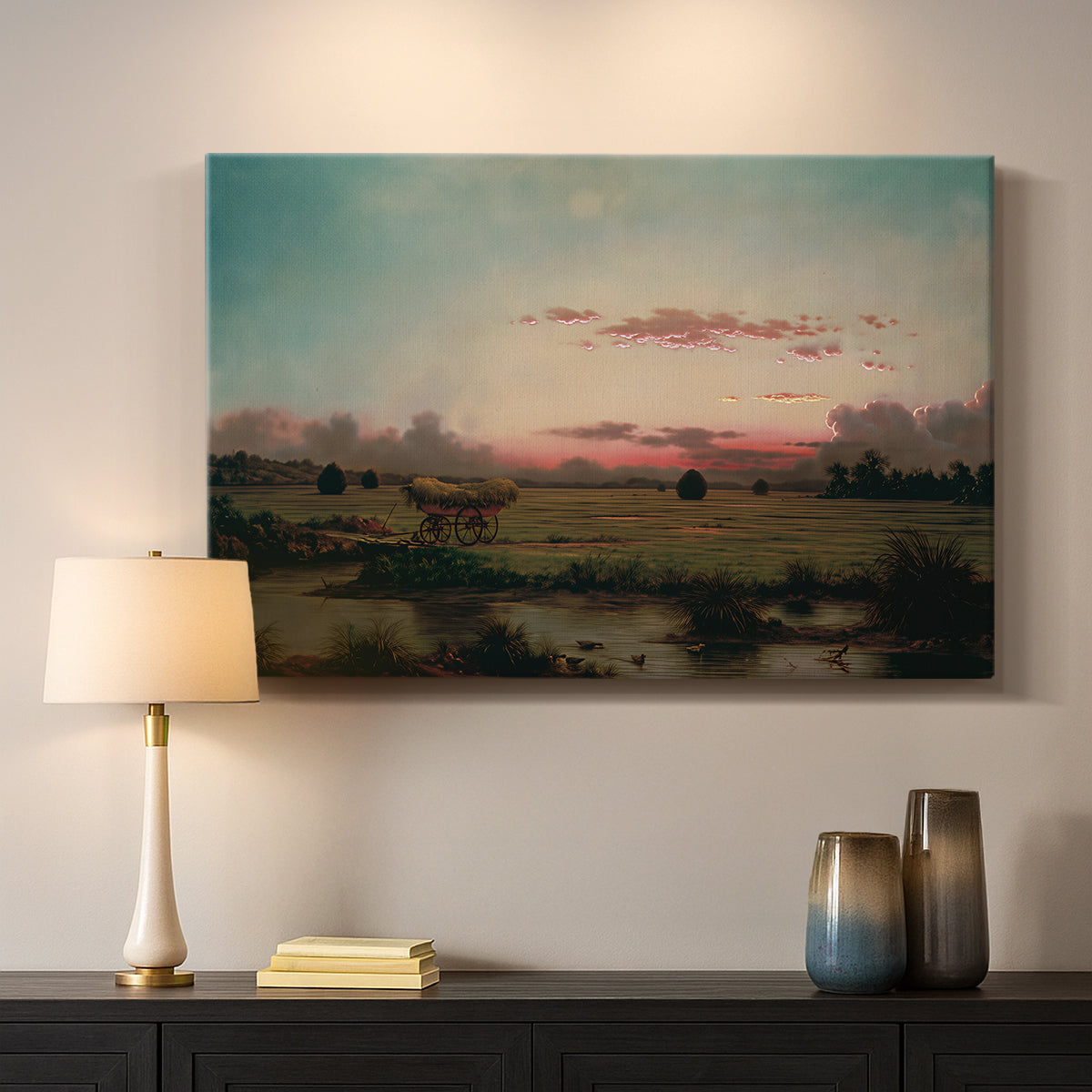 Canvas art print detailing a peaceful marsh setting, mounted in a softly lit interior space