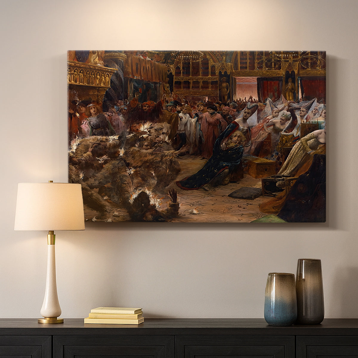 Canvas art print detailing a dynamic composition of crowd surrounding intense focal point, mounted in a softly lit interior space