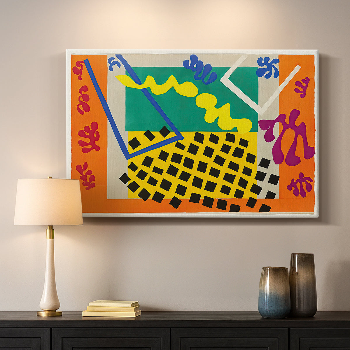 Canvas art print detailing a stylized cut-out design with flowing organic shapes, mounted in a softly lit interior space