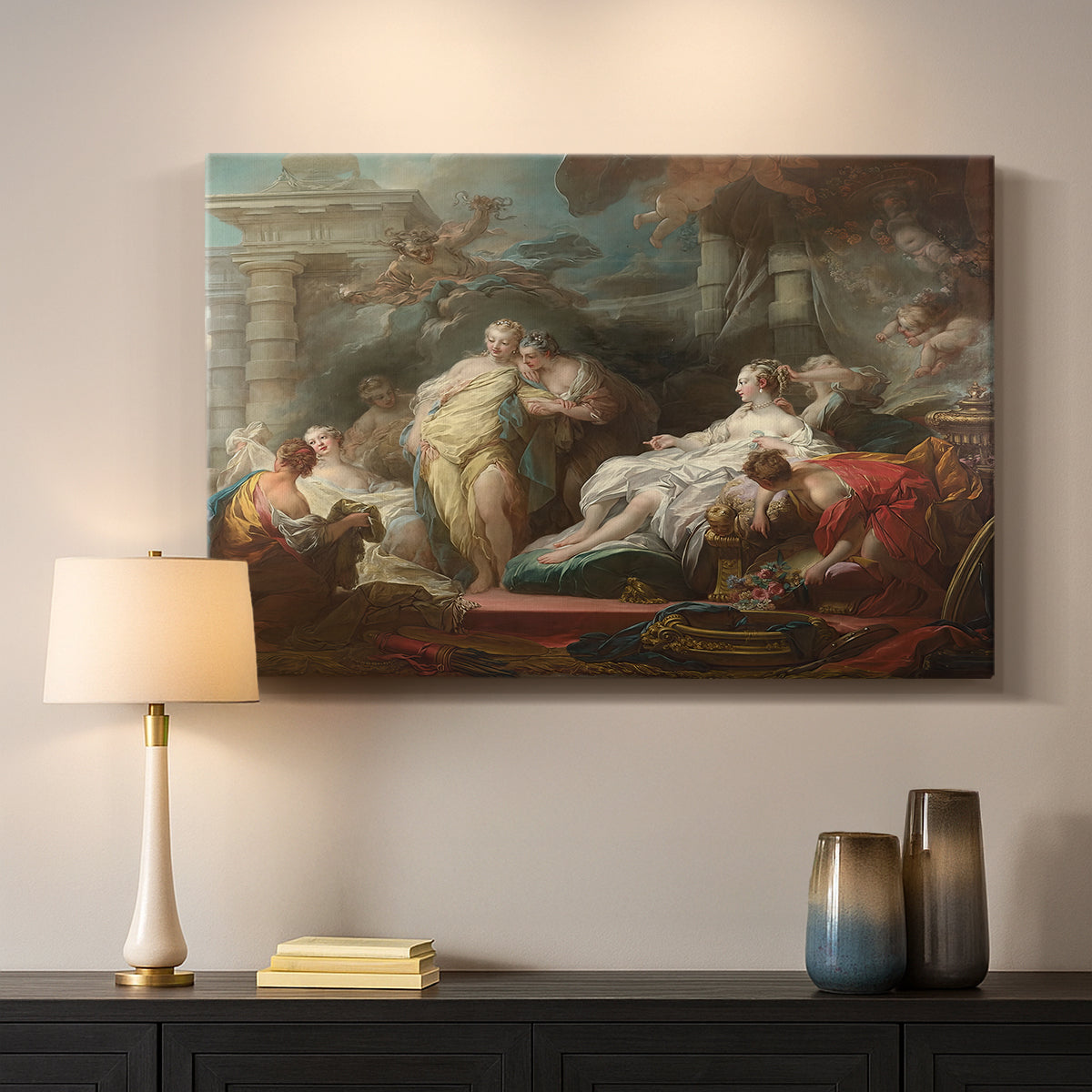 Canvas art print detailing a classical narrative scene with elegant surroundings, mounted in a softly lit interior space