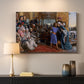 Canvas art print detailing a narrative composition with multiple figures in structured setting, mounted in a softly lit interior space