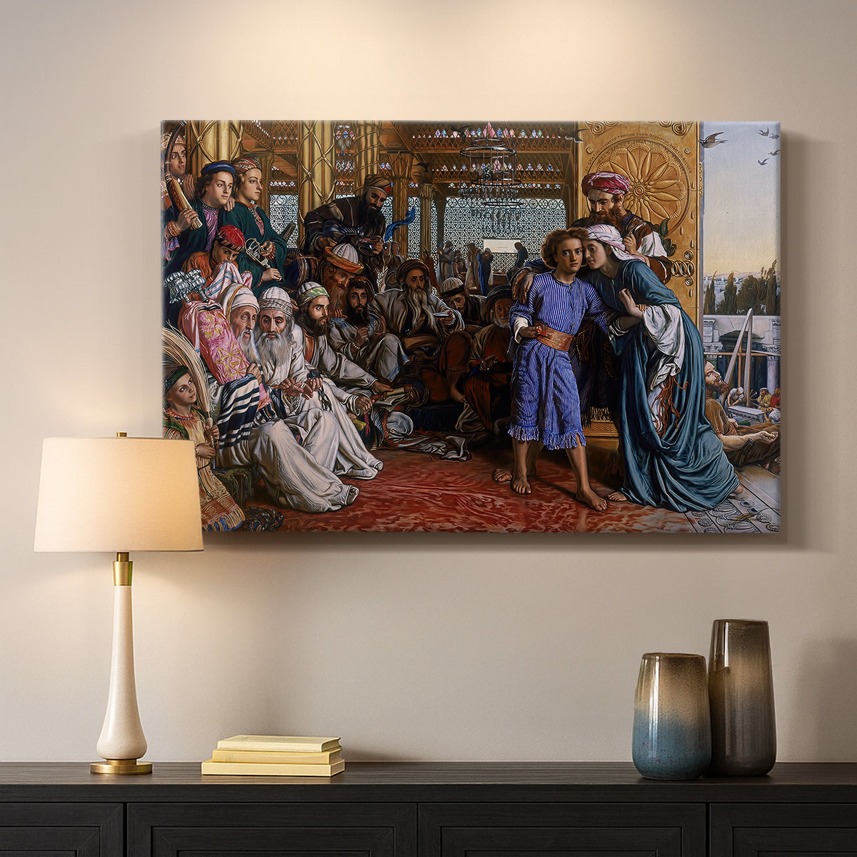 Canvas art print detailing a narrative composition with multiple figures in structured setting, mounted in a softly lit interior space