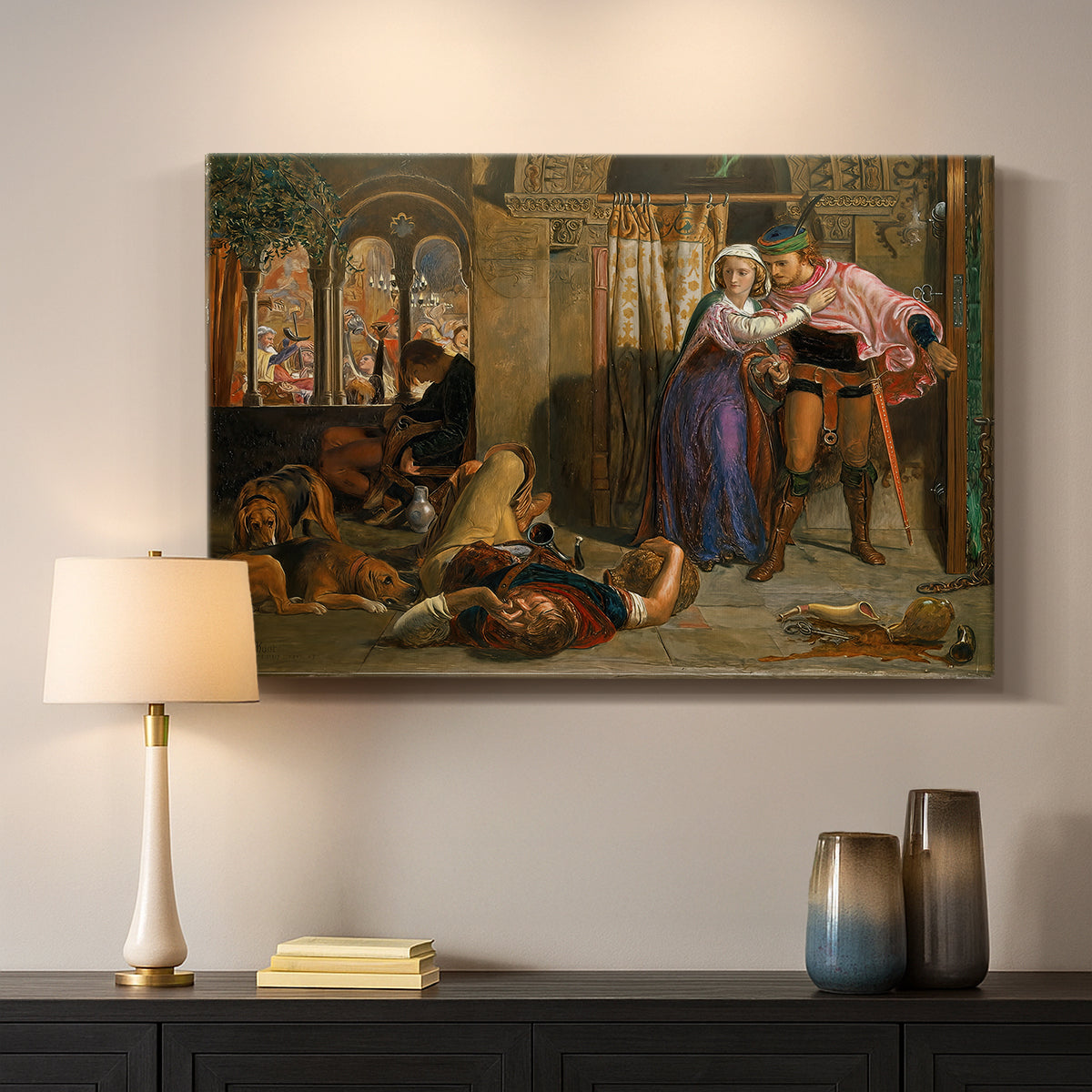 Canvas art print detailing a romantic scene with detailed setting and dramatic lighting, mounted in a softly lit interior space