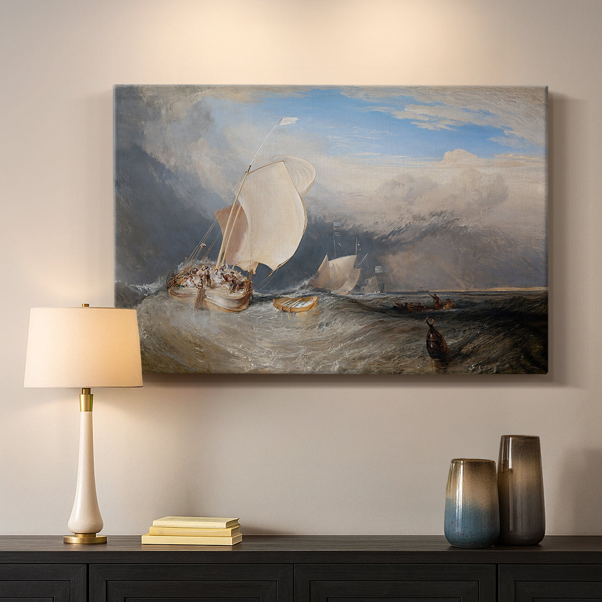 Canvas art print detailing a seaside view featuring boats, figures, and trade, mounted in a softly lit interior space