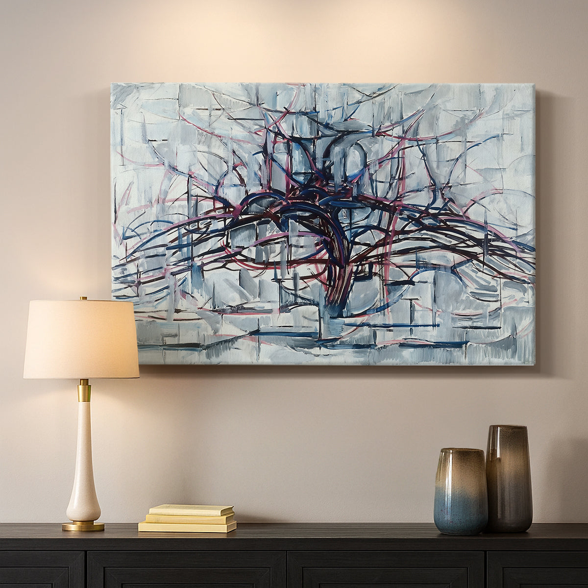 Canvas art print detailing an expressive study of natural form transitioning to abstraction, mounted in a softly lit interior space