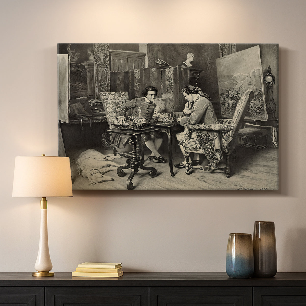 Canvas art print detailing a monochrome-style depiction of strategic game between two figures, mounted in a softly lit interior space