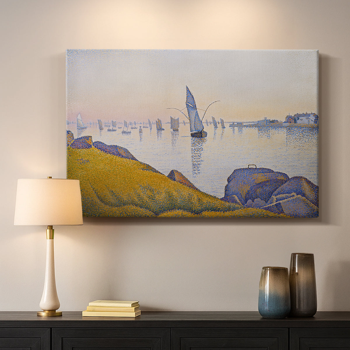 Canvas art print detailing a maritime stillness, mounted in a softly lit interior space