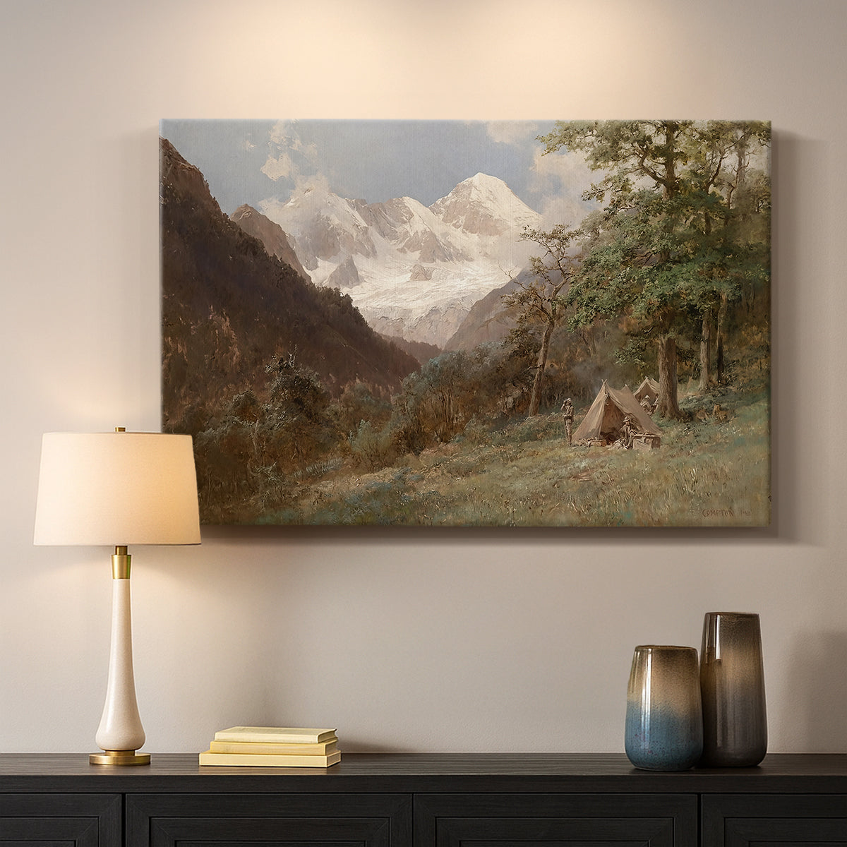 Canvas art print detailing a realistic depiction of remote mountain environment, mounted in a softly lit interior space
