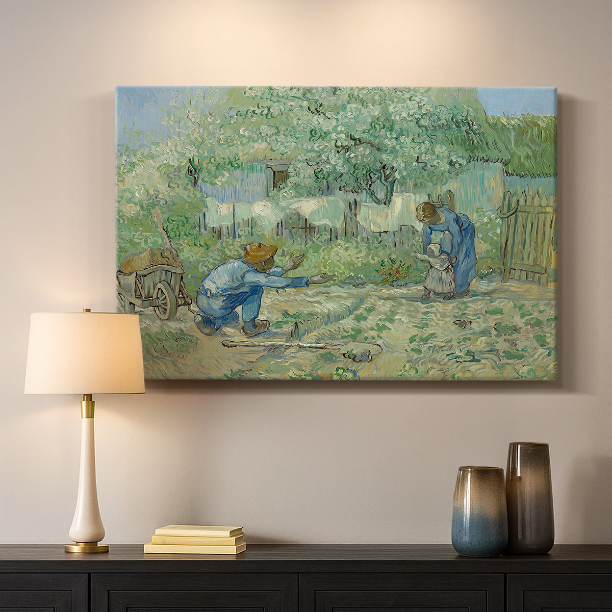 Canvas art print detailing a pastoral composition showing early childhood moment, mounted in a softly lit interior space