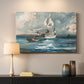 Canvas art print detailing a coastal view featuring small boat against horizon, mounted in a softly lit interior space