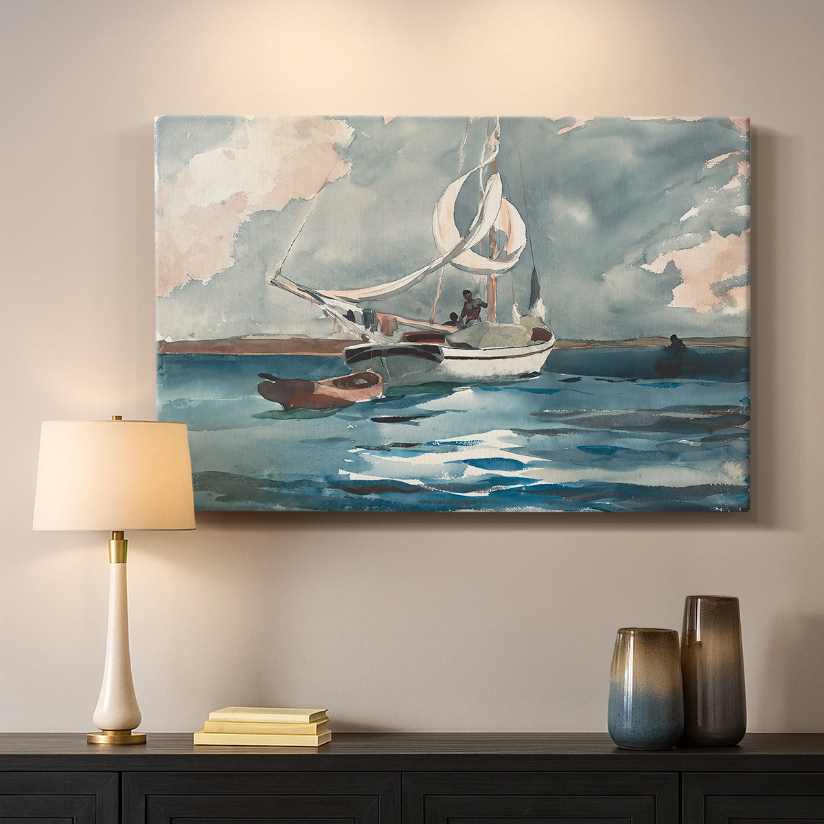 Canvas art print detailing a coastal view featuring small boat against horizon, mounted in a softly lit interior space
