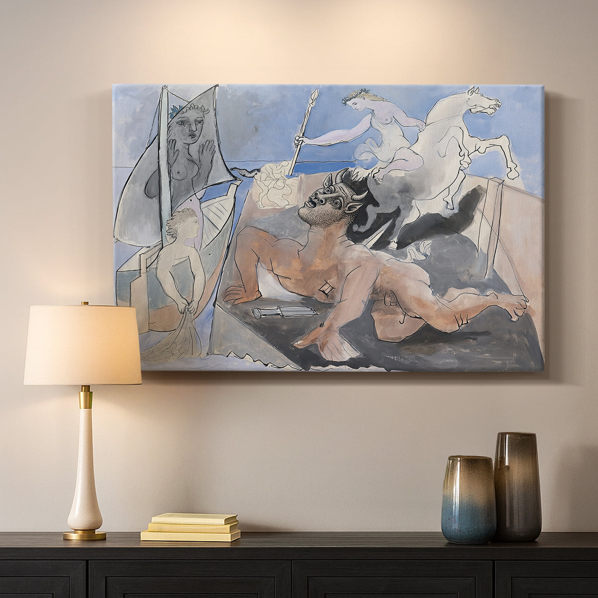 Canvas art print detailing a stylized mythological subject, mounted in a softly lit interior space
