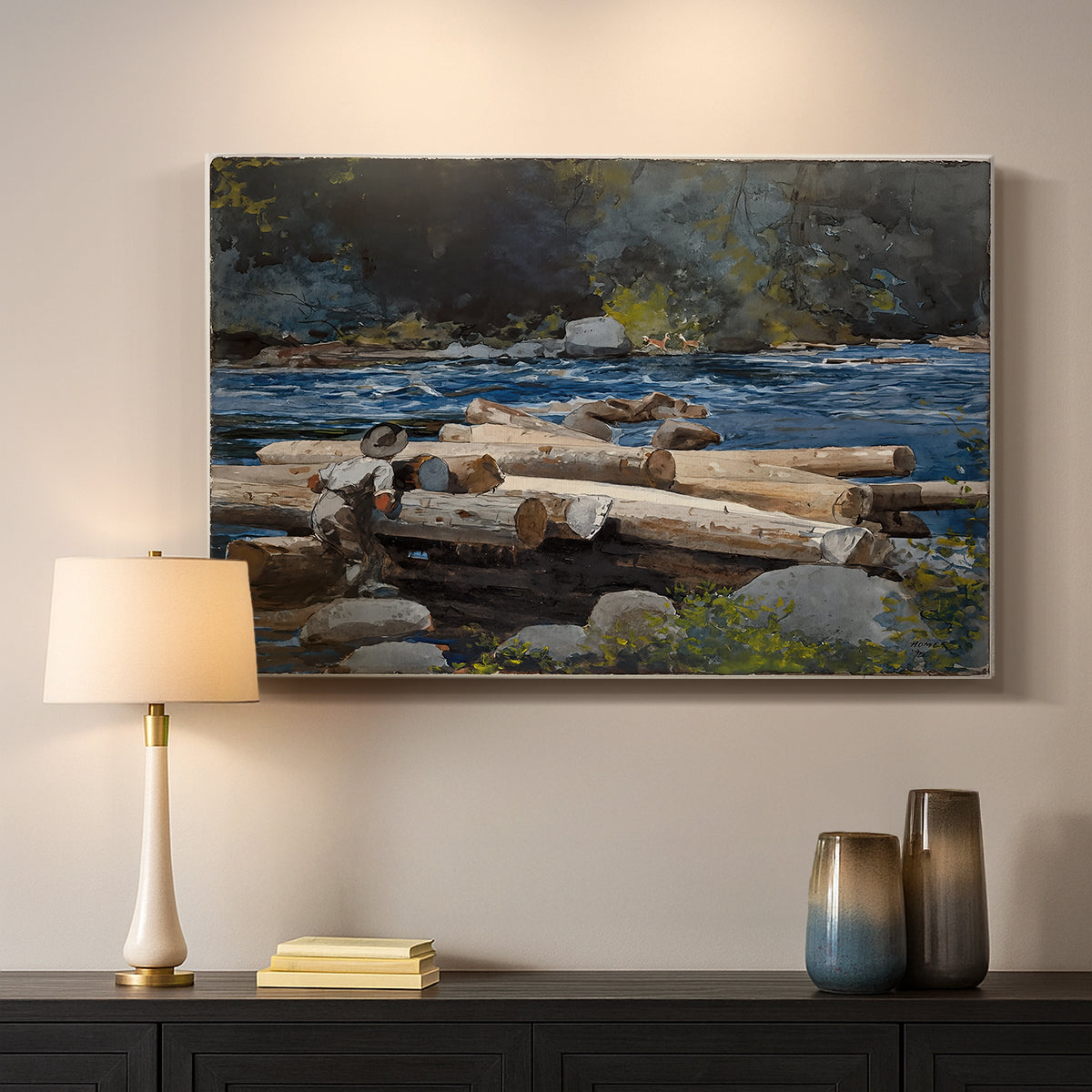 Canvas art print detailing a landscape focusing on waterway and atmospheric depth, mounted in a softly lit interior space