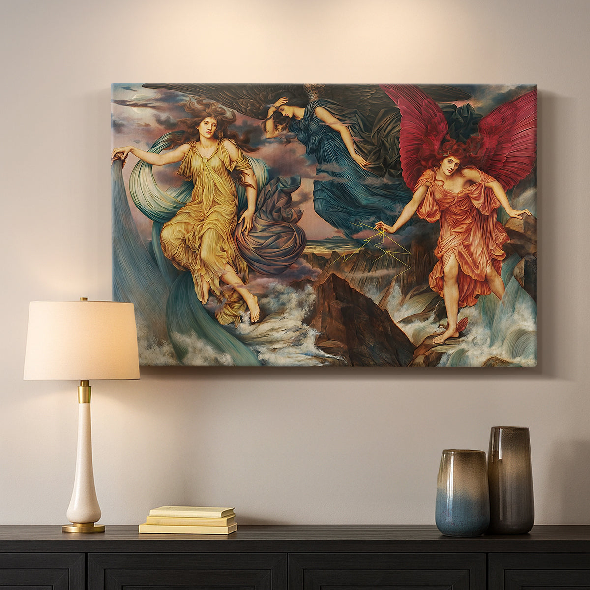 Canvas art print detailing a symbolic scene of airborne figures in chaotic movement, mounted in a softly lit interior space