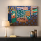 Canvas art print detailing a stylized room composition featuring aubergines on a table, mounted in a softly lit interior space
