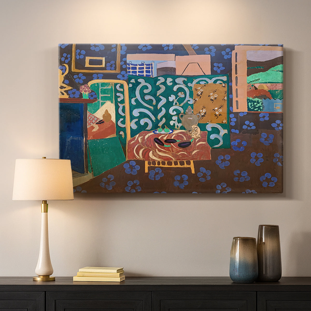 Canvas art print detailing a stylized room composition featuring aubergines on a table, mounted in a softly lit interior space