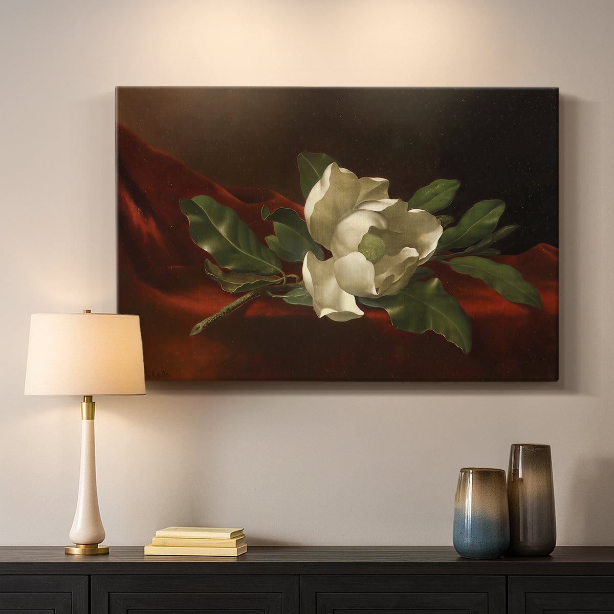 Canvas art print detailing a luminist still life emphasizing flower, mounted in a softly lit interior space
