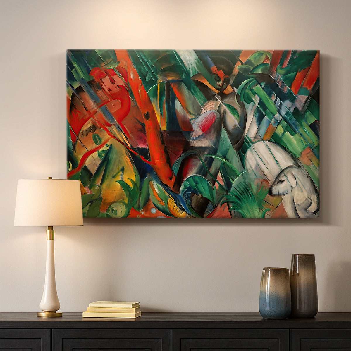 Canvas art print detailing a stylized representation of weather through geometric forms, mounted in a softly lit interior space